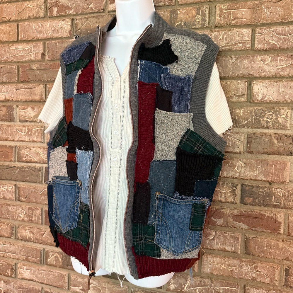 Upcycled Patchwork Vintage Vest Rustic Raw-Edge D… - image 7